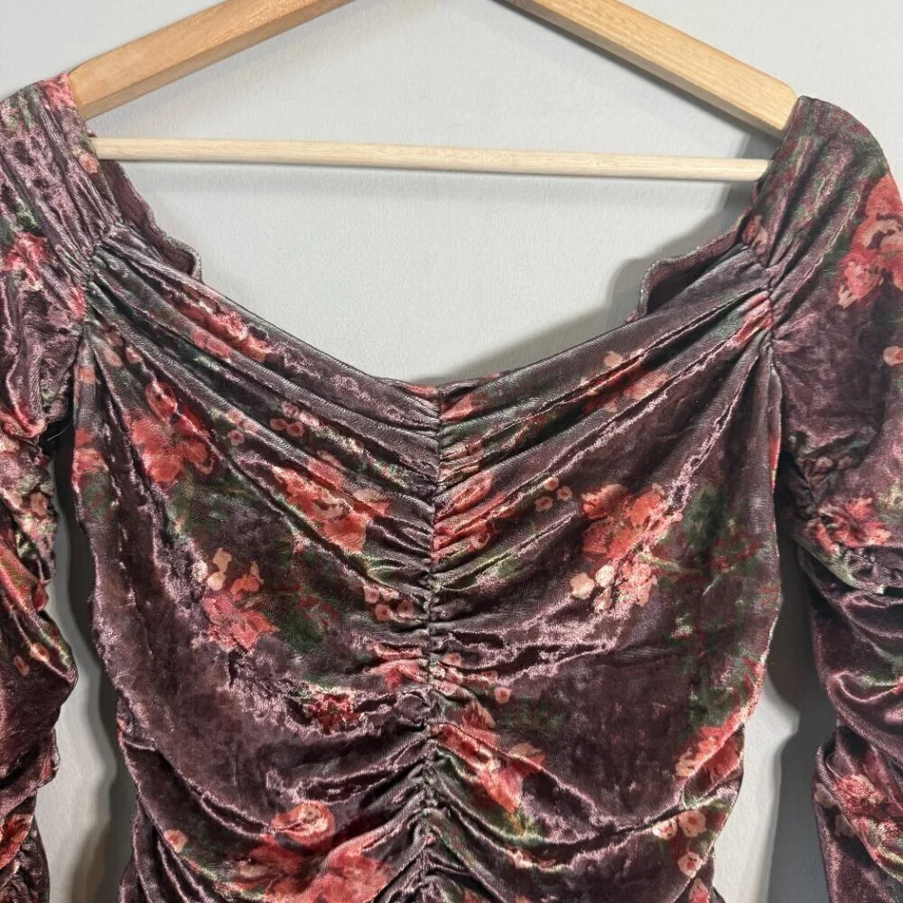 Free People Reina Floral Velvet Off the Shoulder Top Women's Small Brown Ruched